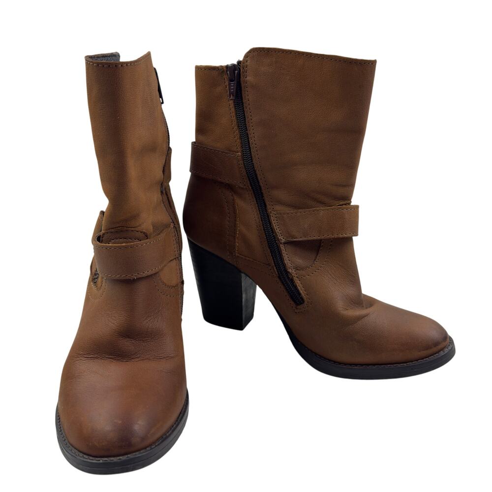 Steve Madden Yara Brown Western Moto Buckle Mid Calf Booties Women's Size 8